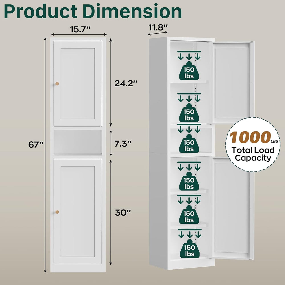 Eltean 67" H Narrow Pantry Cabinet,White,15.7" W | Metal Pantry Cab...