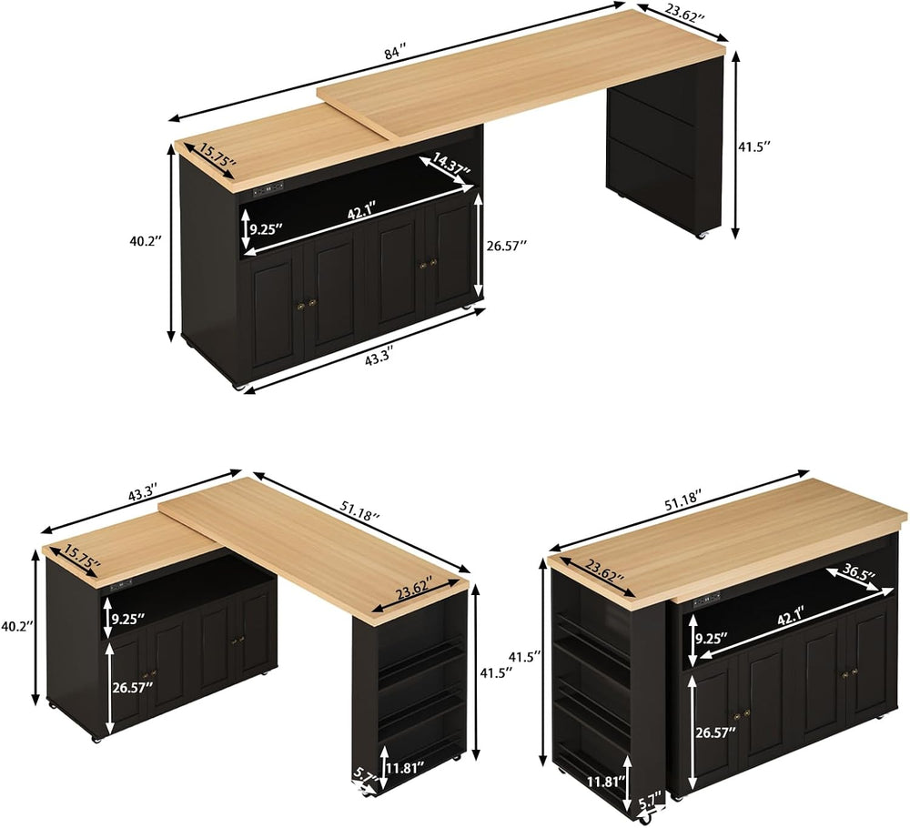 84’’ Rolling Kitchen Island with Swivel Table, Islands Cart with LED Lights, ...