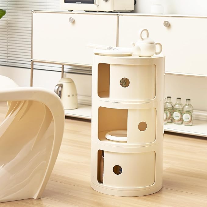 Round Nightstand with 3 Drawers, Modern Style Side Table, Multifunctional End...