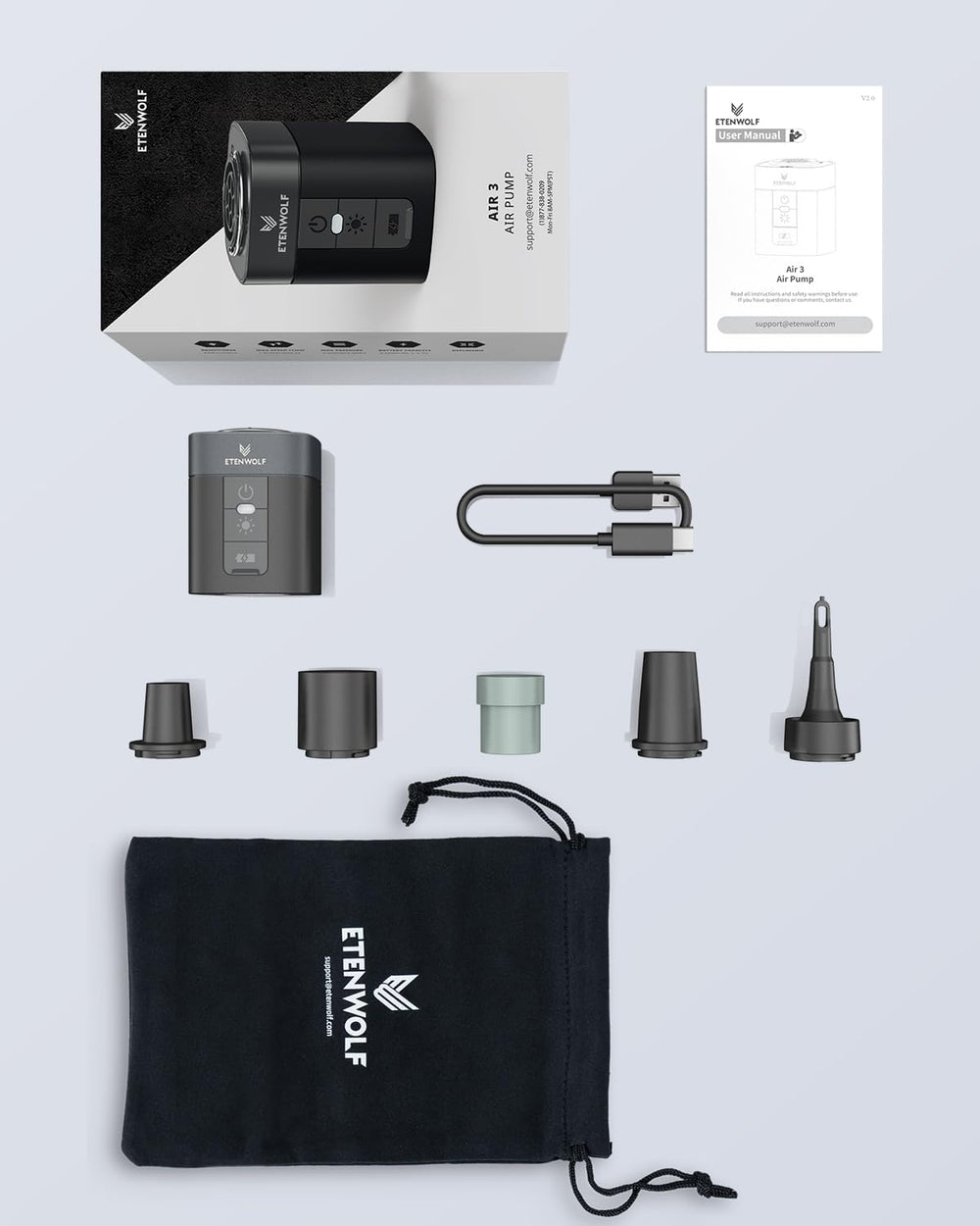 ETENWOLF AIR 3 Air Pump for Inflatables with 2600mAh Battery& Camping Light