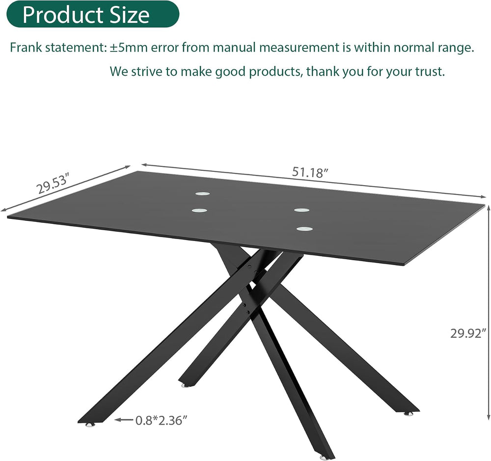 51.2" Glass Dining Table for 2-4 People, Modern Kitchen Table with Black...