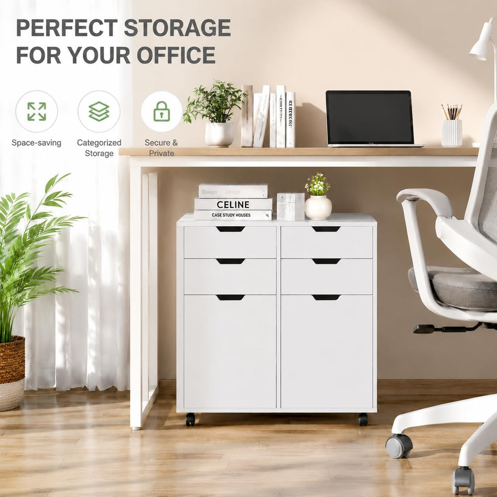 POWERSTONE Mobile File Cabinet with 4 Drawers & 2 Door, Rolling Under Des...