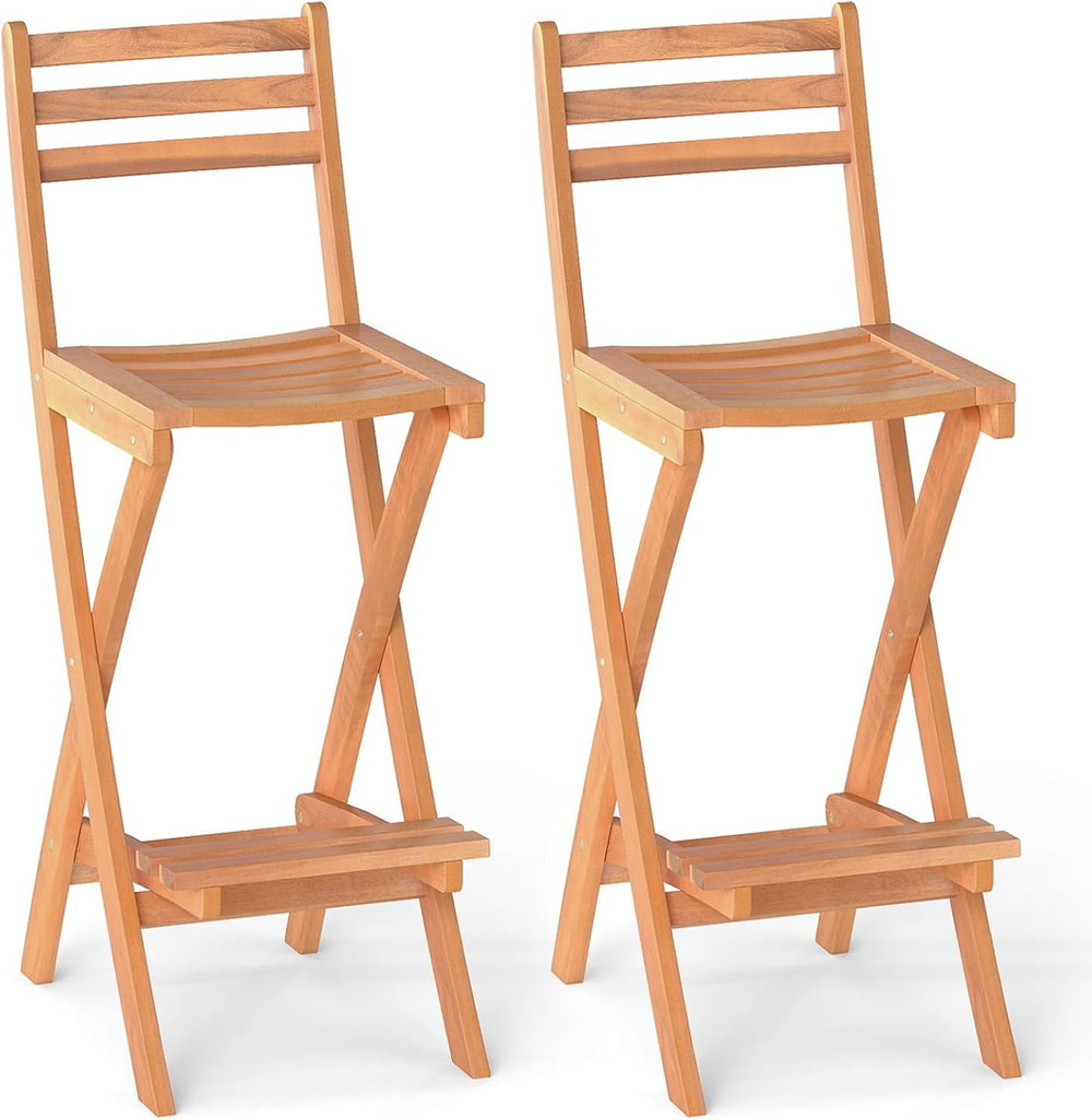 Tangkula Patio Folding Barstool Set of 2, Outdoor Portable High Top Acacia Wo...