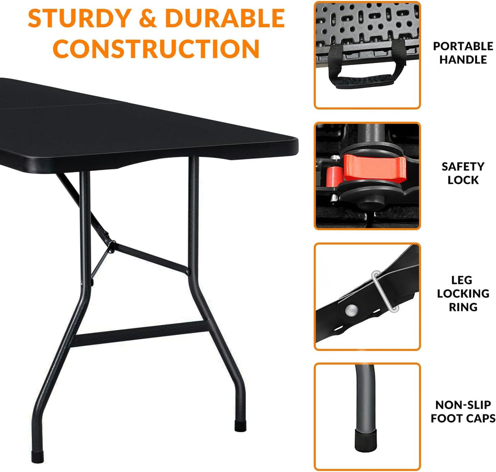 6FT Folding Table, Fold in Half Heavy Duty Plastic Utility Table with Carryin...