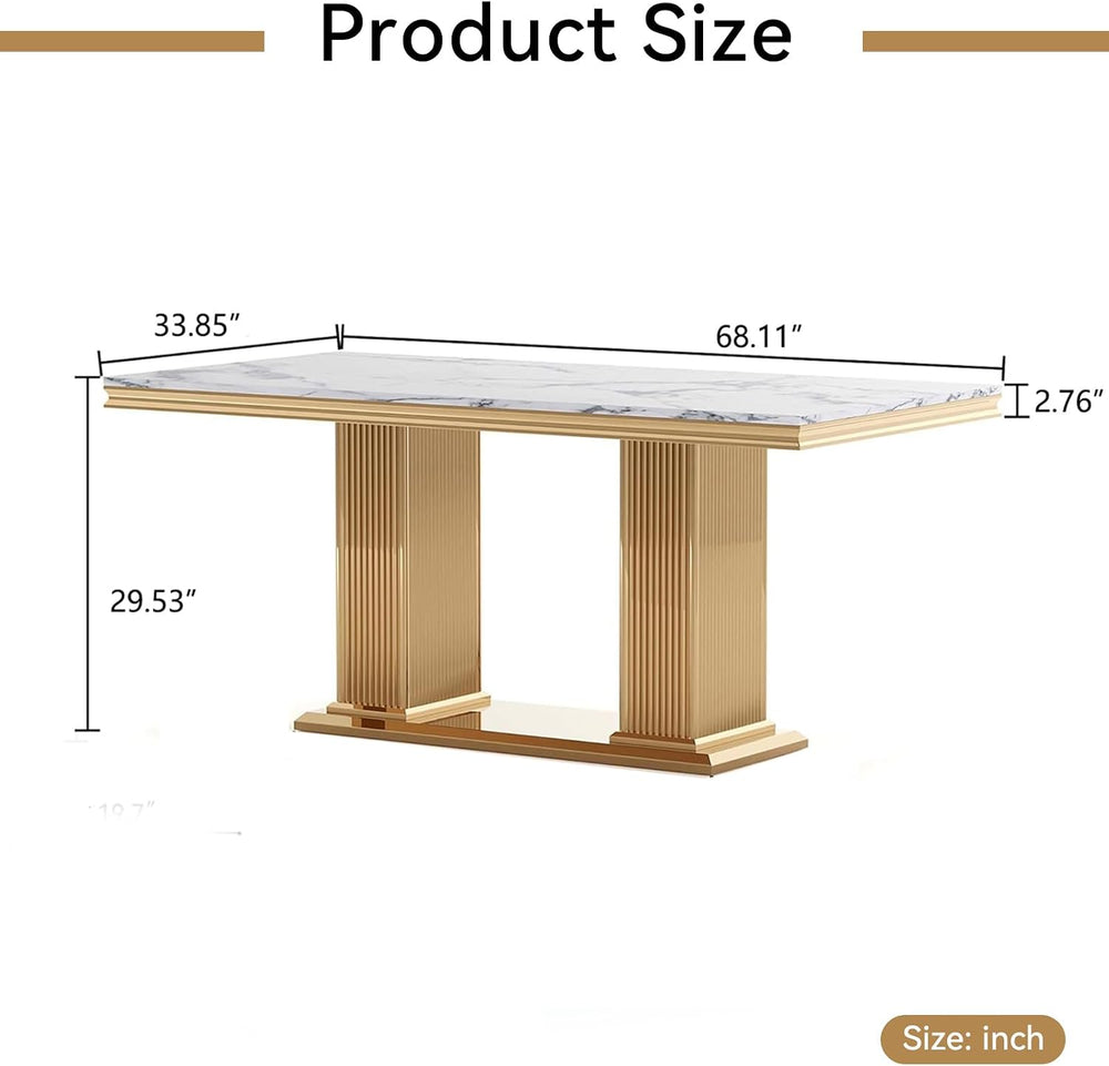 68 in Faux Marble Dining Table for 4-6, White Marble Dining Table with Gold S...