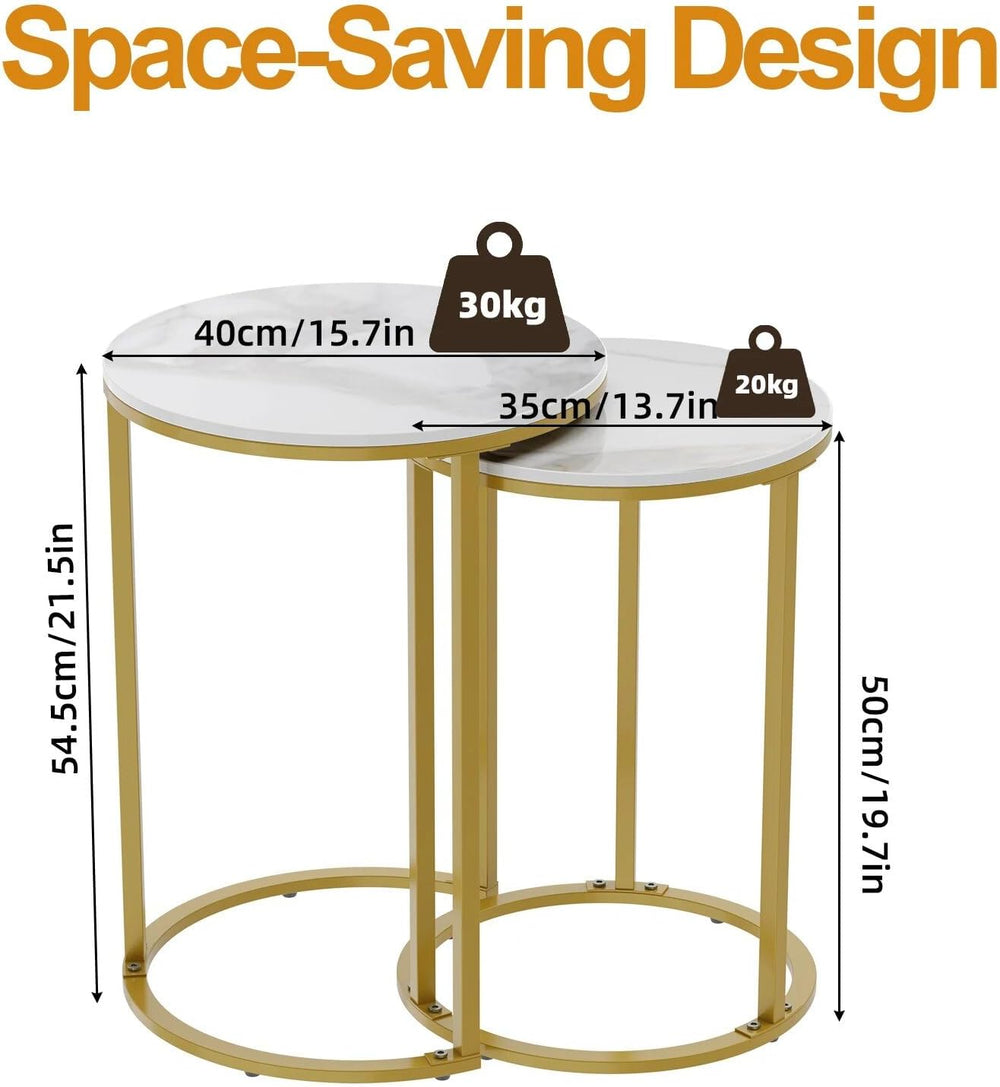 Set of 2 Modern Round Marble Metal Base Nesting Set Side Accent Table Living ...