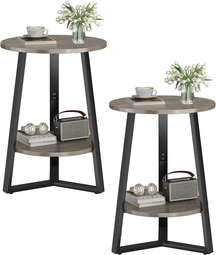 sthmec Small Round End Table Set of 2,2 Tier Side Table Set 2 with Storage Shlef,Coffee Table Wooden Tabletop & Metal Frame,Round Accent Table Small Nightstands Couch Tables Livingroom Bedroom,Grey