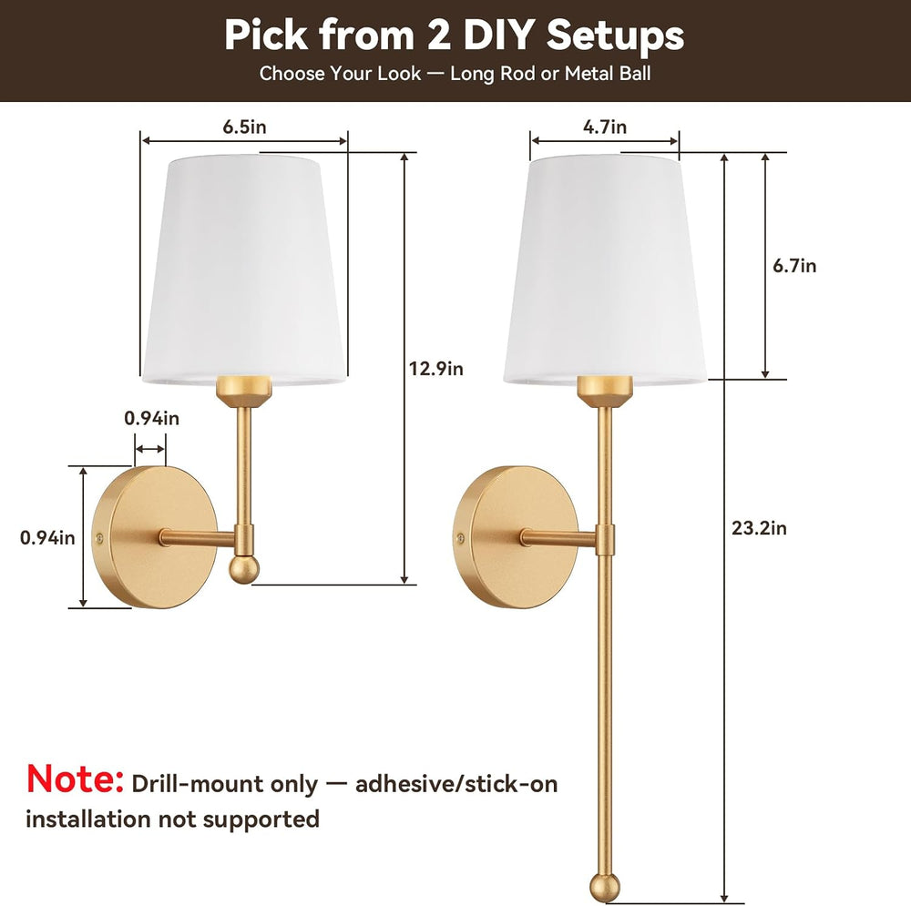 Battery Operated Wall Sconces, Gold, 2 Pack with Magnetic Bulbs,RF Remote