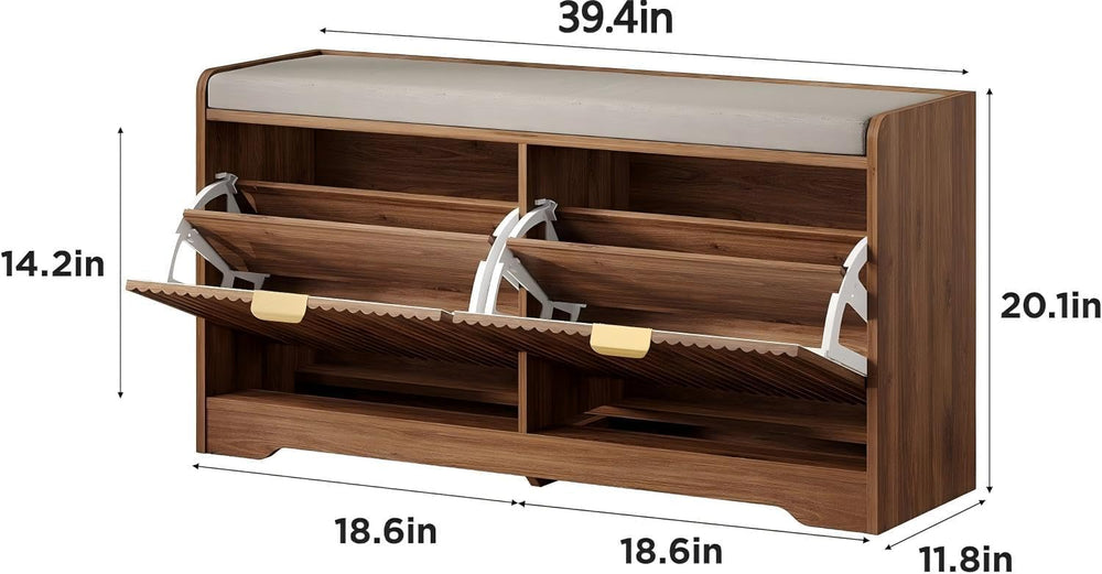 Maupvit Fluted Shoe Bench with 2 Flip-Drawers, 39.4" Narrow Entryway Ben...