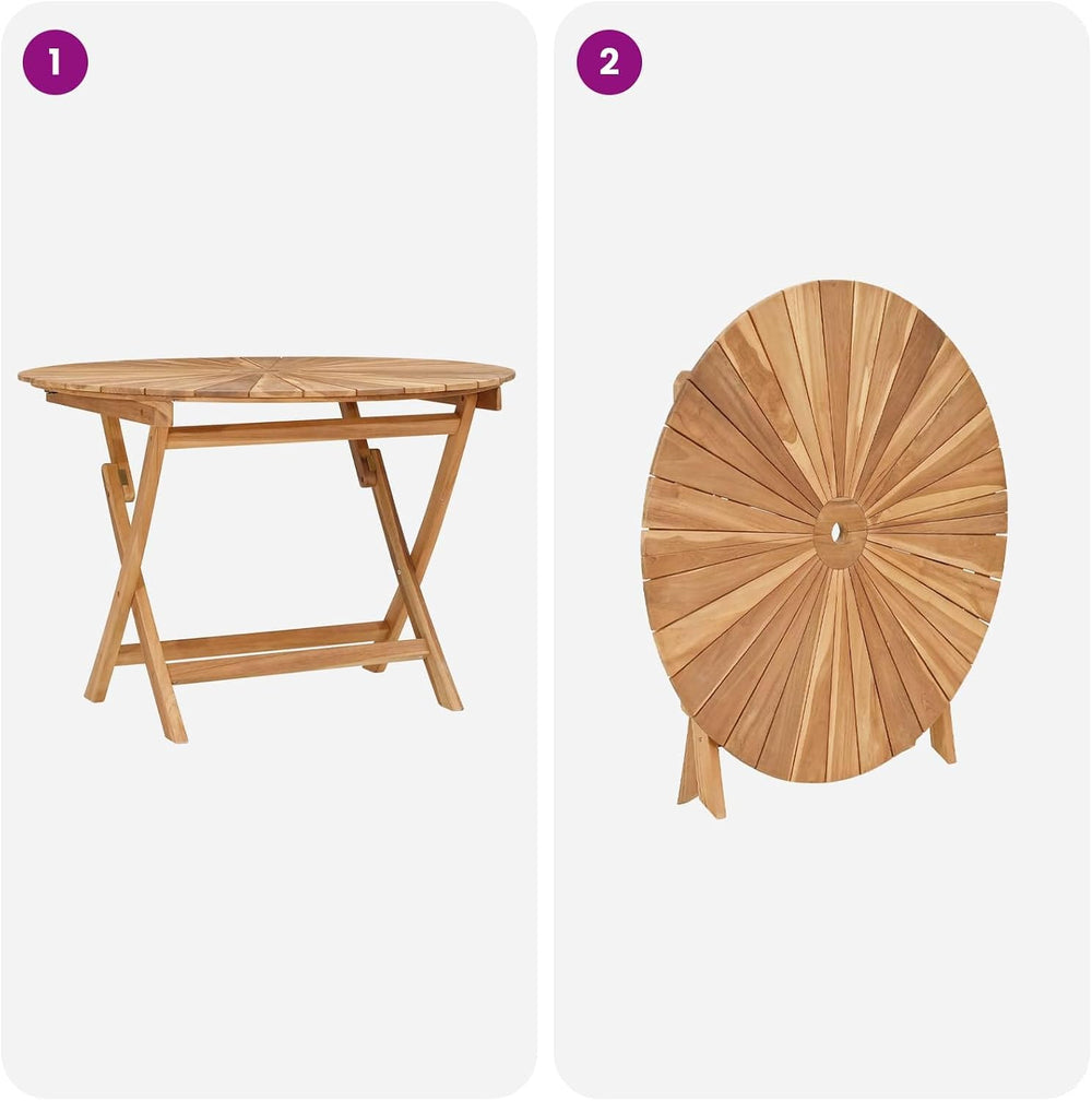 Round Solid Teak Folding Table with Water-Based Finish, 43.31 x 29.53 in, Sla...