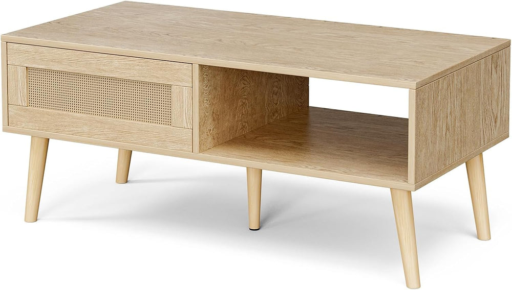 Rattan Coffee Table with Sliding Doors, Mid-Century, Natural