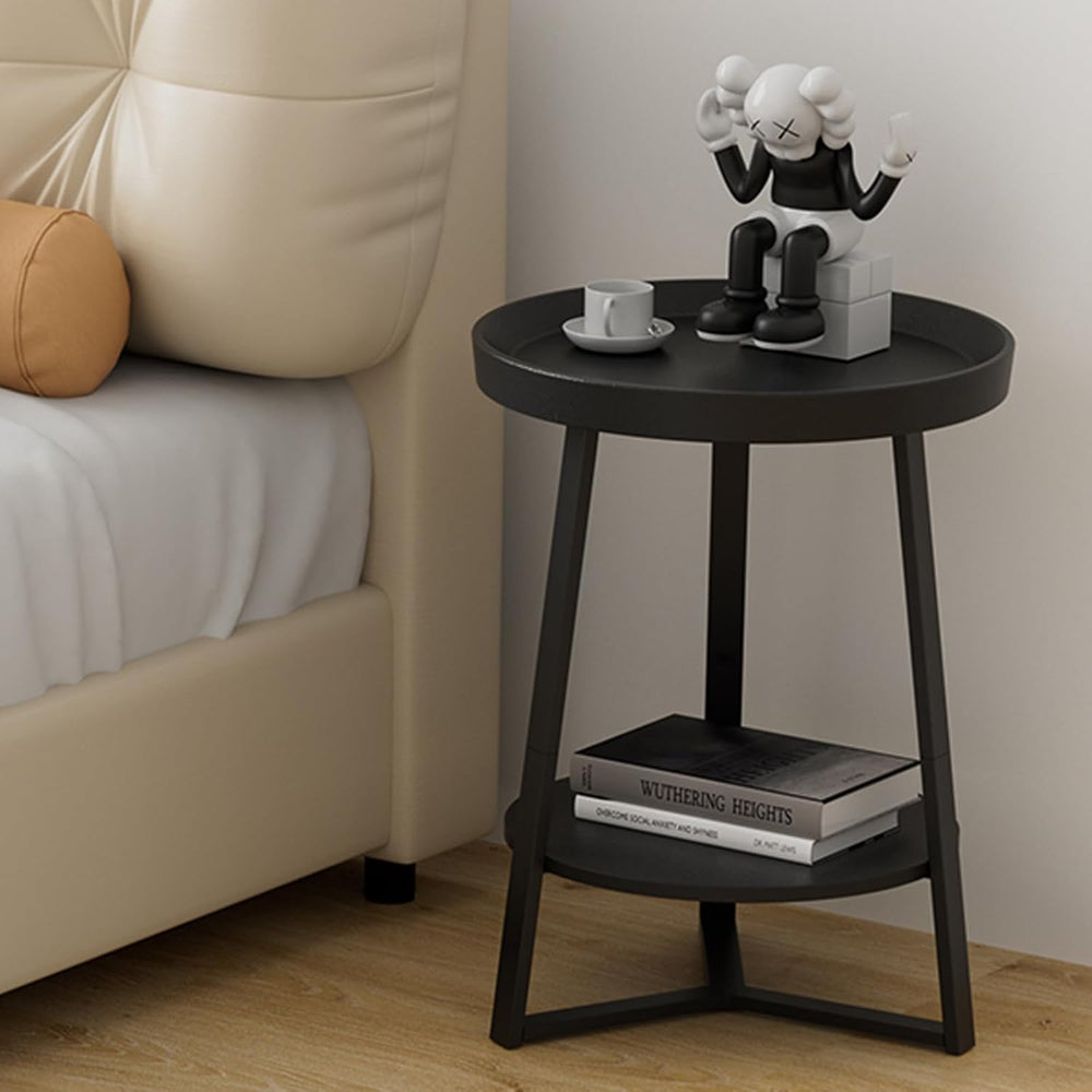 Gadroad Round End Table with Charging Station, Wood Tabletop & Black Meta...