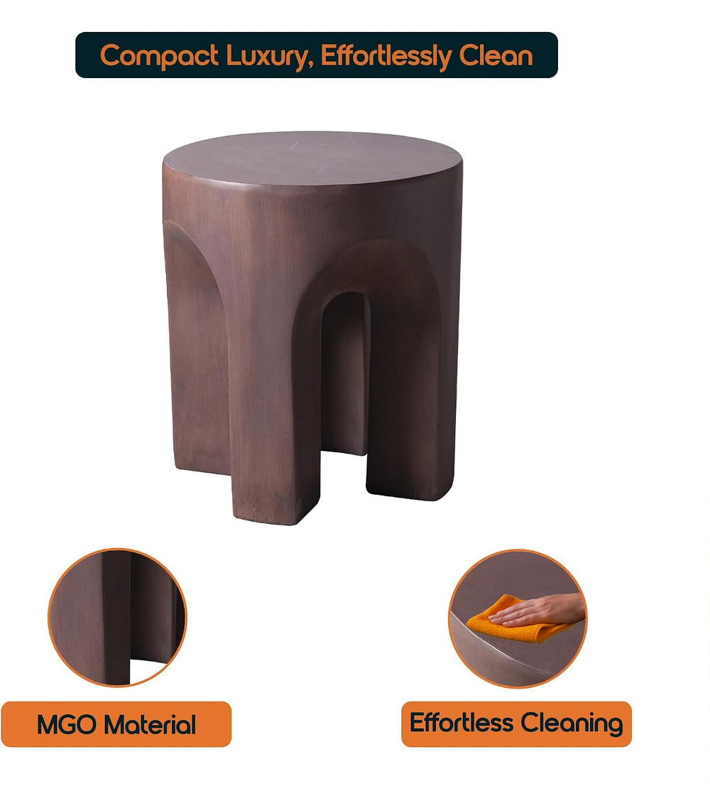 LeisureMod Round Side Table in Fiberstone with Arched Base Design Compact Wea...