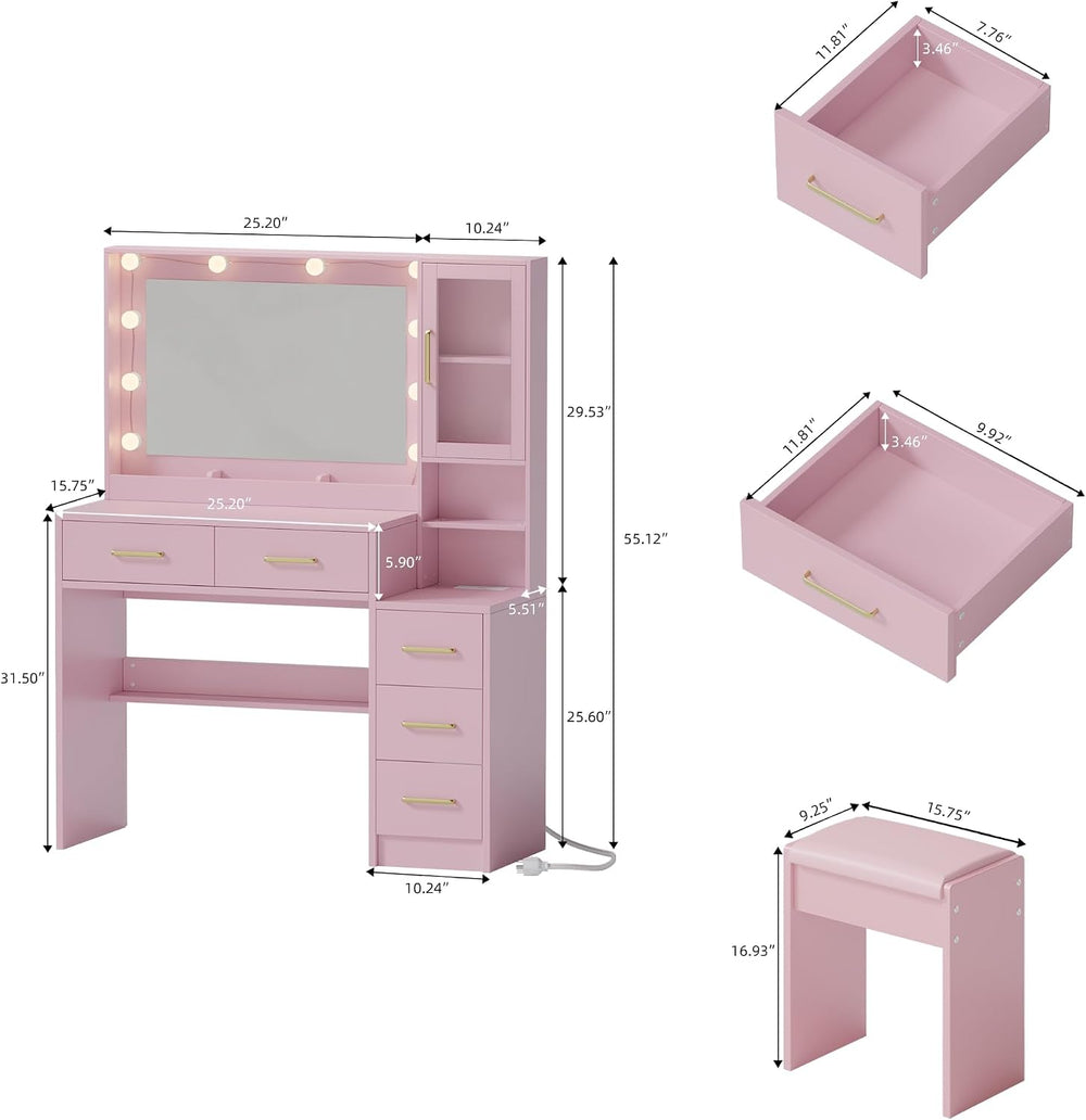 Makeup Vanity with Lights & Charging Station, Pink Vanity Table with 5 Dr...