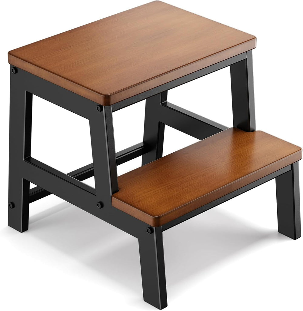 2 Step Wooden Step Stools for Adults Non-Slip, Sturdy Bed Steps for High Beds...