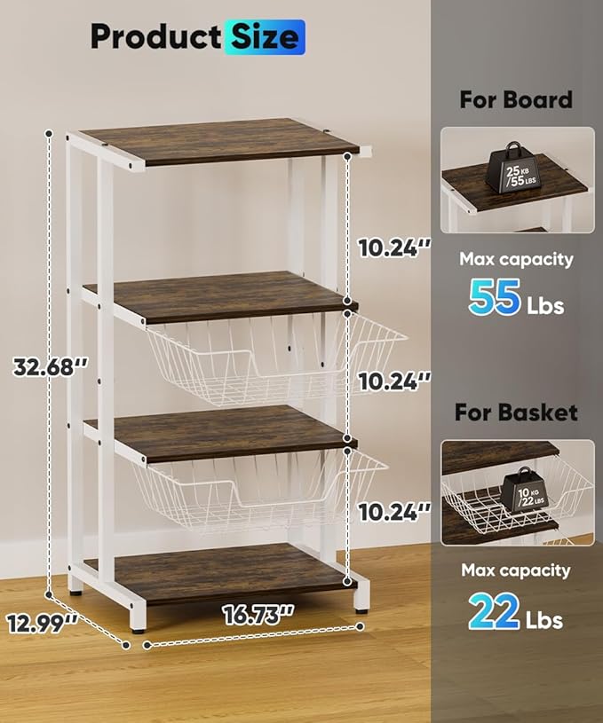 Media Stand with Two Detachable Baskets, 4-Tier AV Media Stand Corner Shelf f...