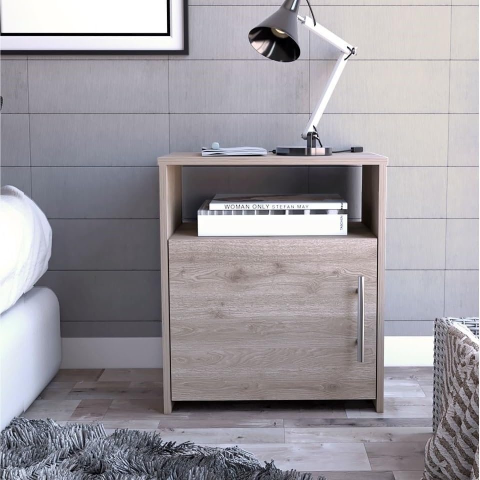 Nightstand, End Table, Side Table One Shelf, Single Door Cabinet, Metal Handl...
