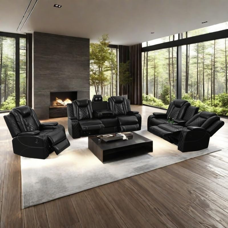 Power Recliner Set with LED Lights, Air Leather Reclining Set with USB Port/W...