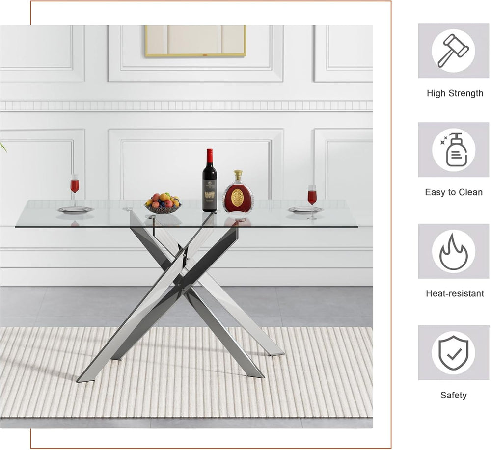 Modern Glass Dining Table Set for 6, Glass Silver Kitchen Table and Chairs Se...