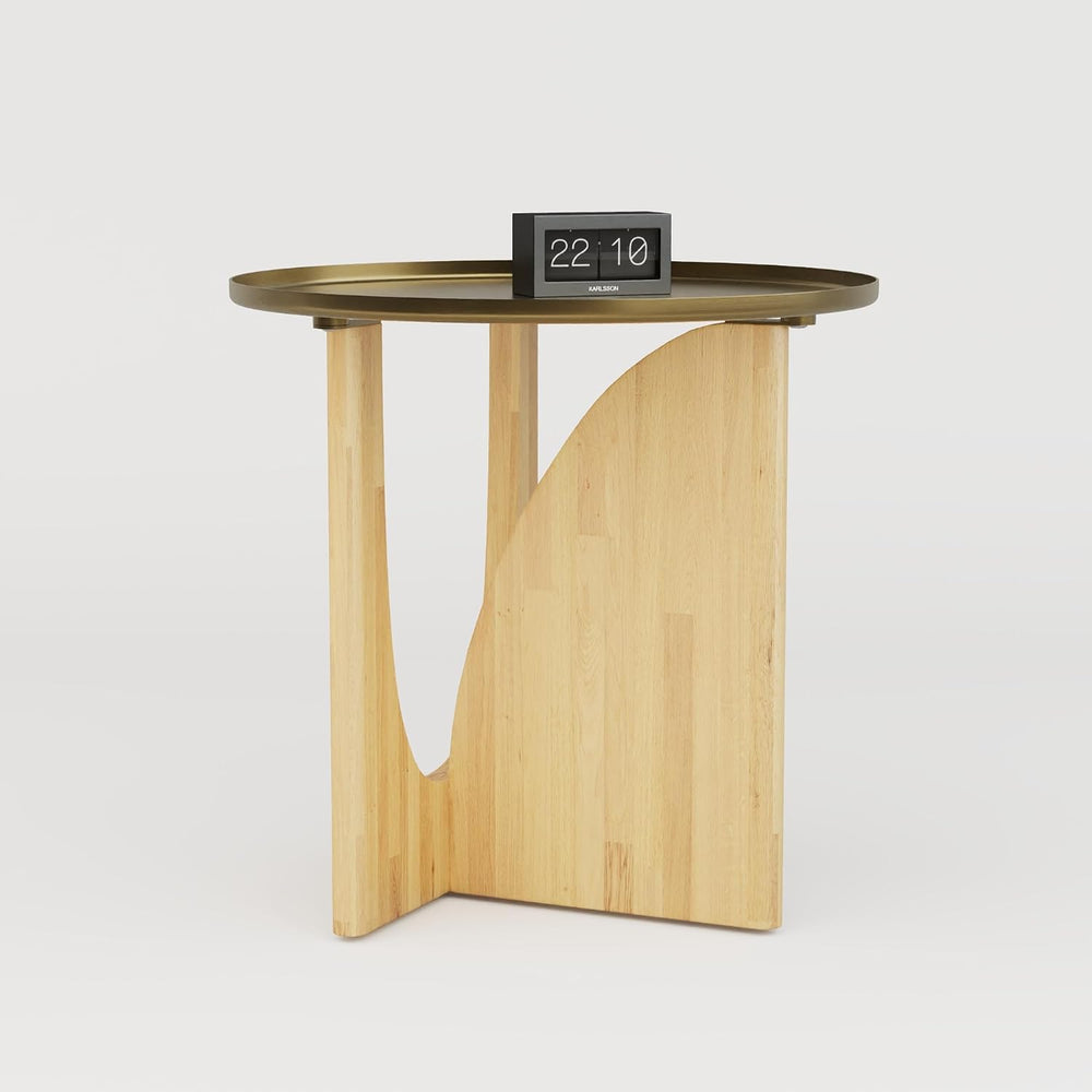 AUZ Round End Table with Brushed Gold Top, Small Wood Side Table for Living R...