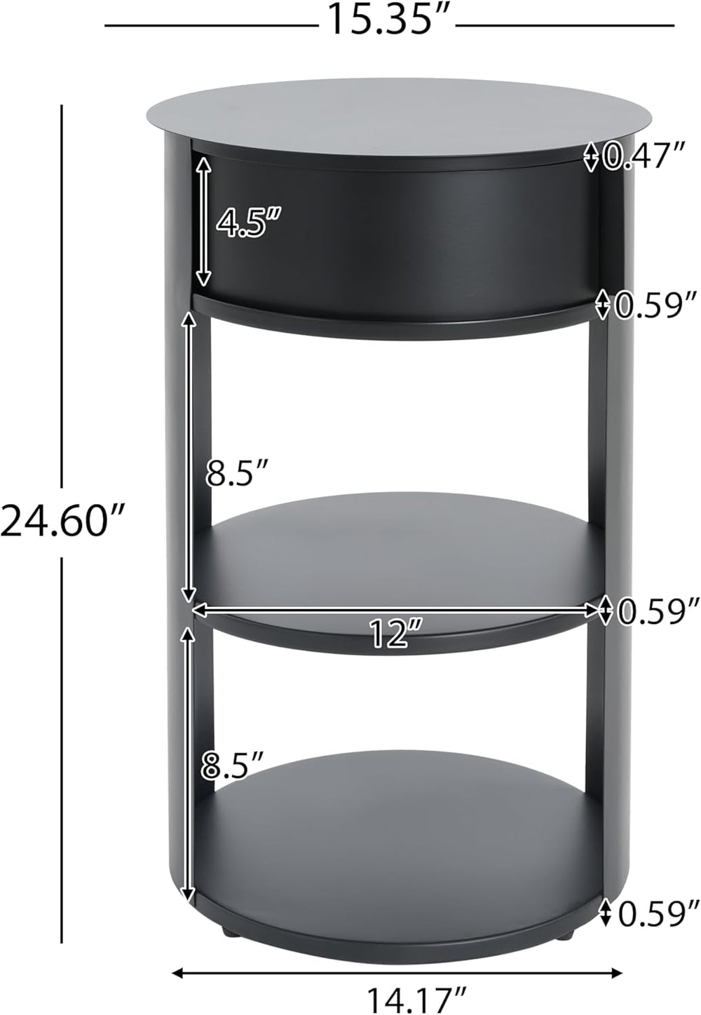 GDFStudio 3-Tier Modern Round Side Table with Sliding Door Storage, Pre-Assem...