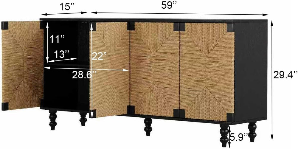 Handwoven Seagrass Doors Sideboard, 59 Inch Boho TV Stand Media Console Buffe...