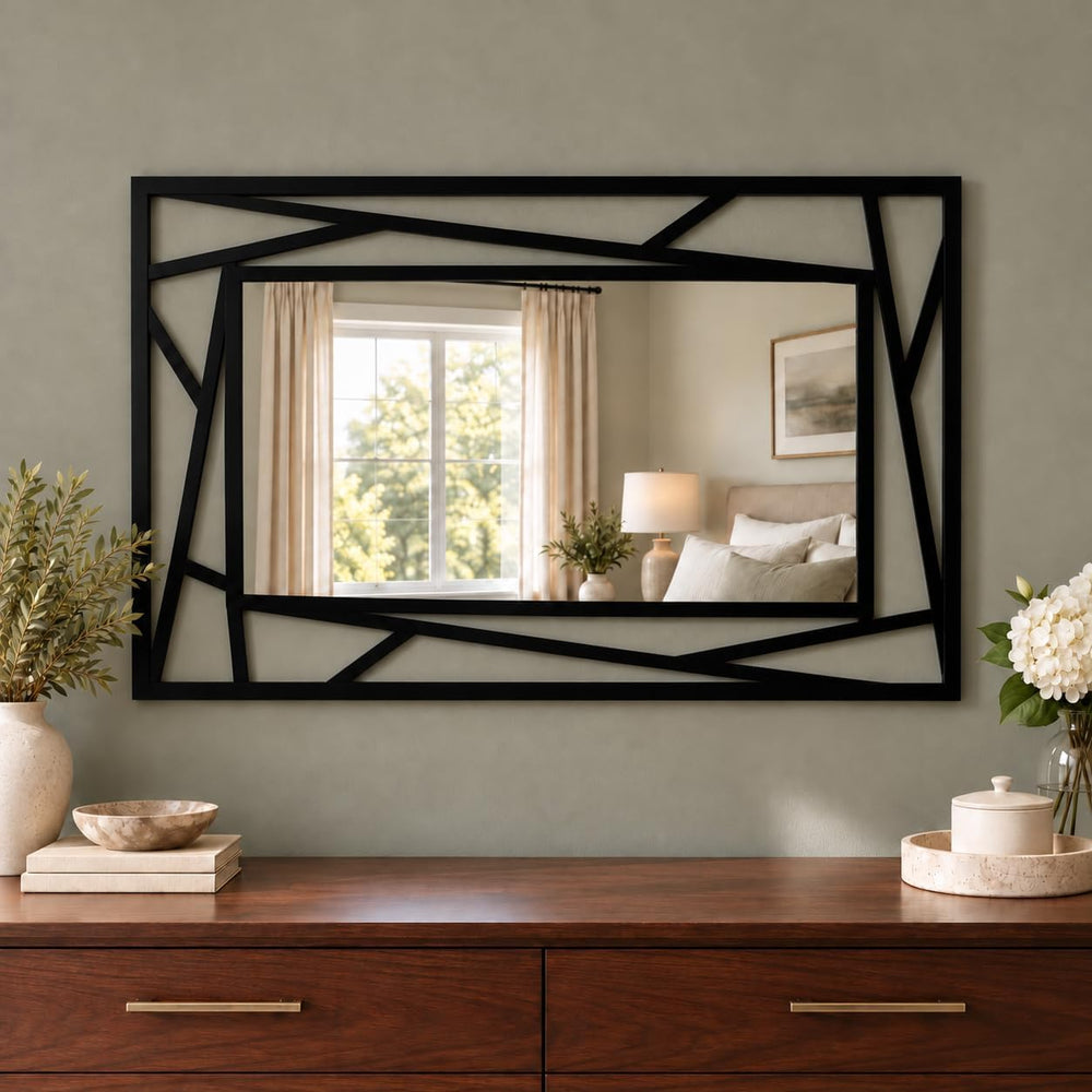Black Geometric Wall Mirror, 36 x 24 Inch Decorative Metal Framed Bathroom Mi...