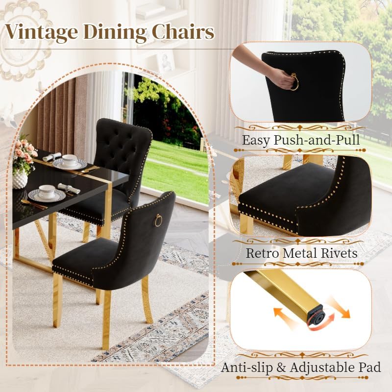 Black Dining Table Set for 4, 55" Black Glossy Top with Gold Metal Legs,...
