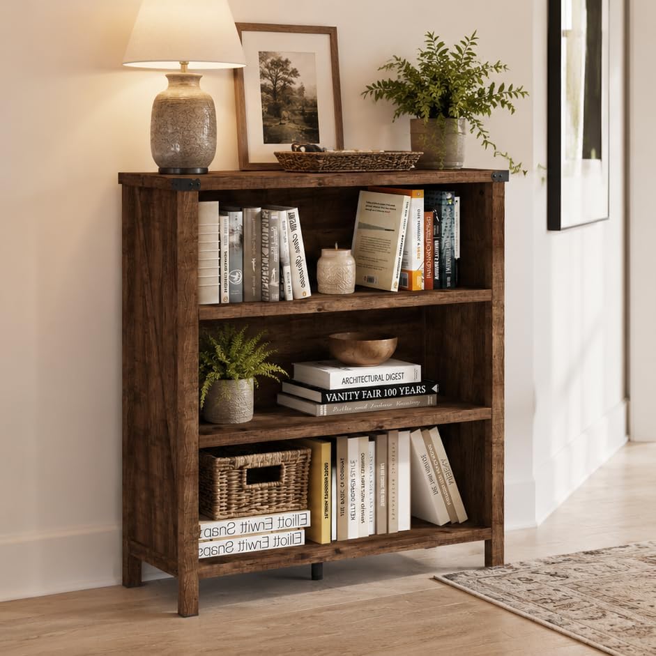 BON AUGURE Rustic Short Bookshelf, 3 Shelf Bookcase, Small Wood Low Book Case...