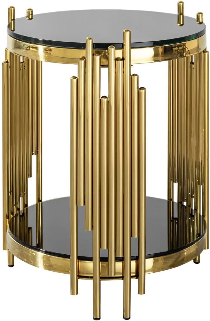 17.72" Round Glass End Table Black, Modern Gold Living Room Table with S...