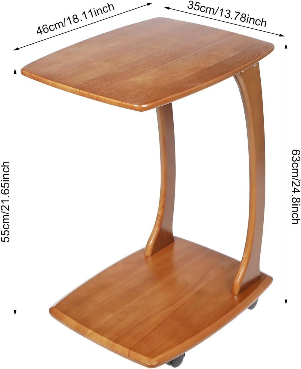 C Shaped Side Table for Couch, Solid Wood End Table with Rolling Wheels, Sofa...