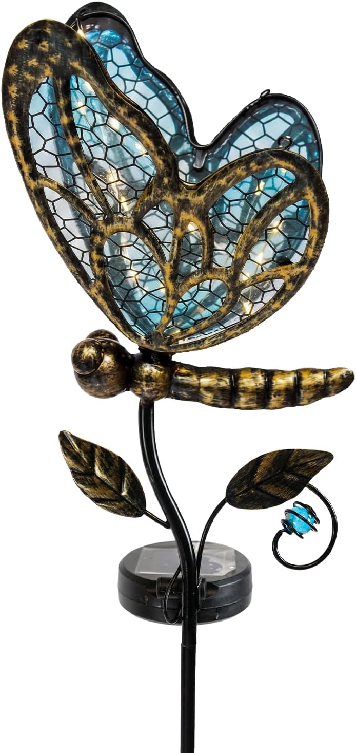 Solar Butterfly Garden Stake Light, Hand-Painted Blue Glass, 36in