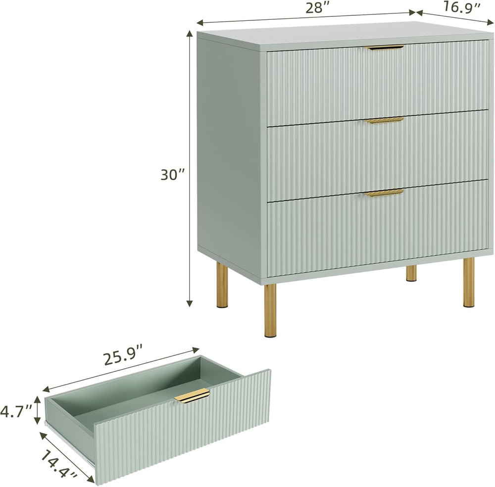 IDEALHOUSE Modern Green 3 Drawer Dresser for Bedroom with Gold Handles
