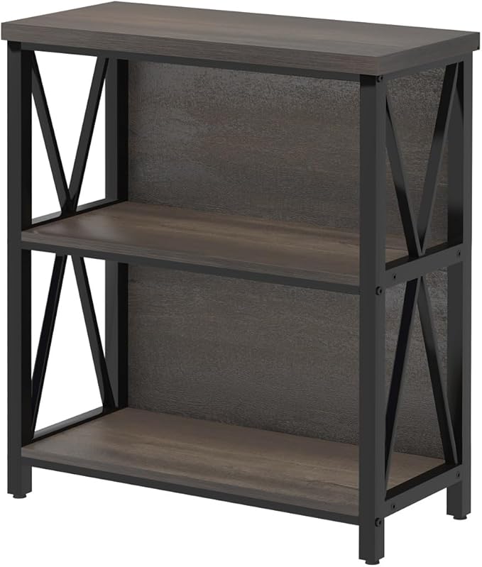 FATORRI Rustic Small 3 Shelf Bookshelf for Living Room, Industrial Low Wood B...