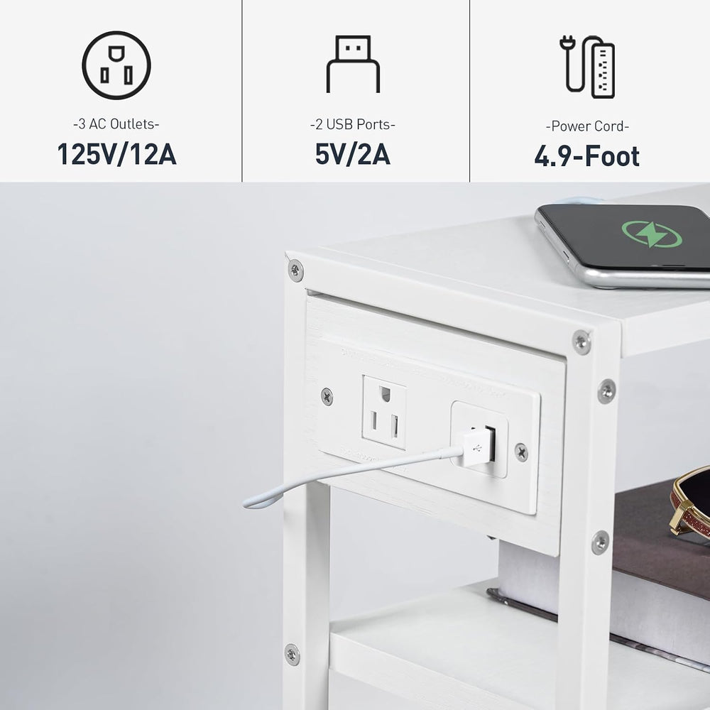 HOOBRO Small Narrow Side Table with Charging Station, Skinny End Table for Sm...