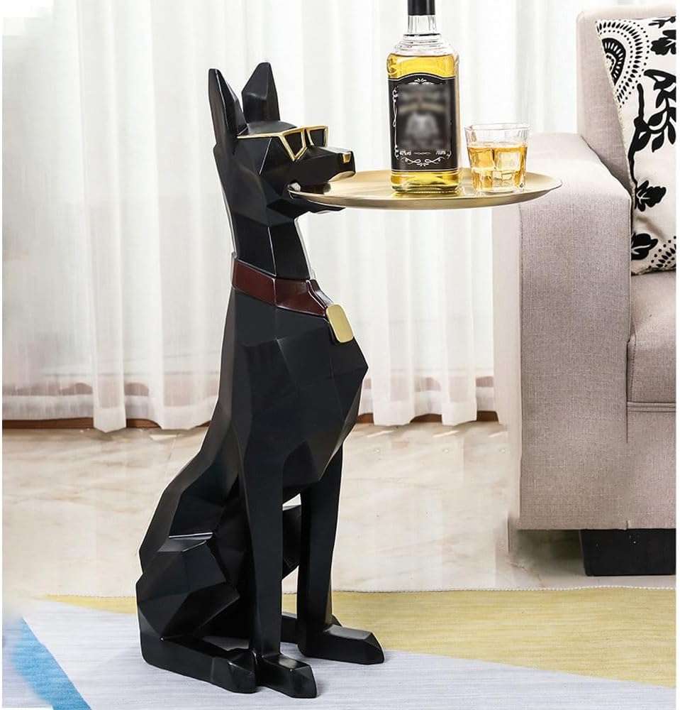 Modern Resin Doberman Sculpture Side Table with Metal Serving Tray, Corner Ta...