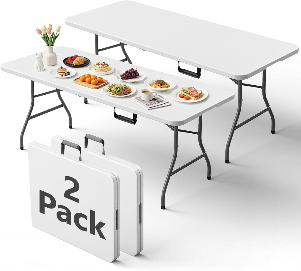 Folding Table 2 Pack, 6FT Folding Table Portable with Built-in Handle, Heavy ...