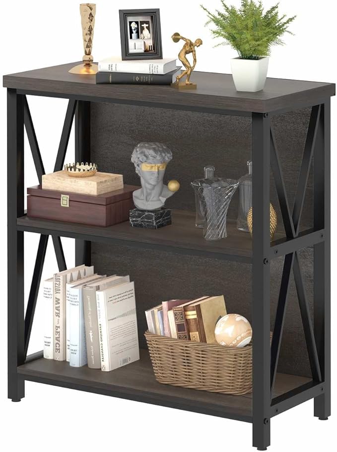 FATORRI Rustic Small 3 Shelf Bookshelf for Living Room, Industrial Low Wood B...