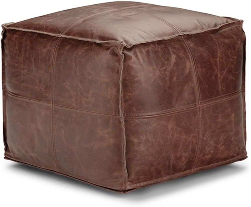 SIMPLIHOME Sheffield 18" Wide Square Genuine Leather Pouf in Brown | Dis...