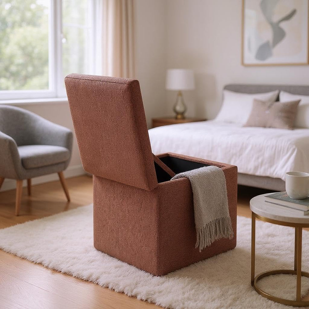 Brown Linen-Textured Ottoman with Storage, 42×42×44 cm Square Foot Rest Stool...