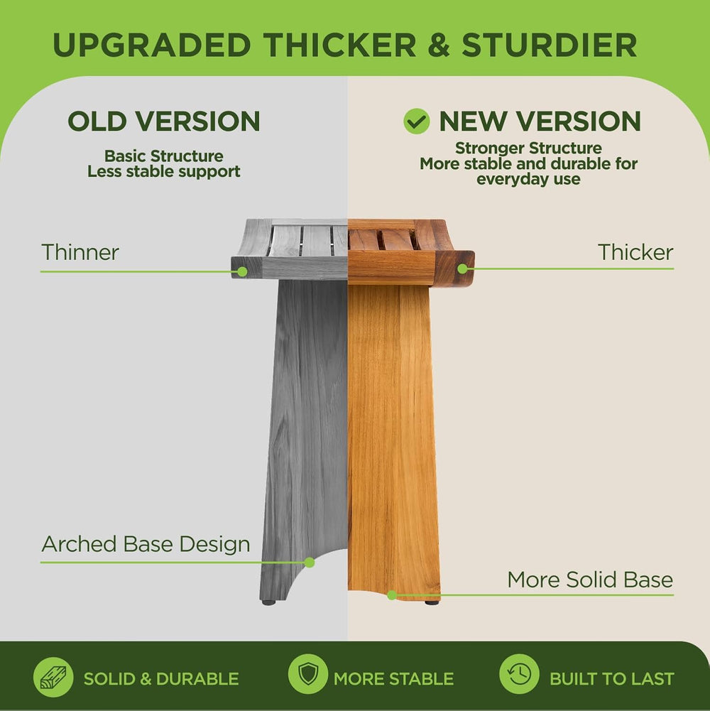 Premium 18" Teak Shower Stool, Non-Slip Safety, 1-Tier Curved