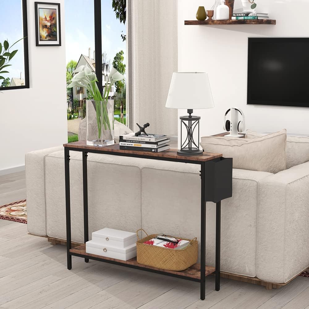 Bigbiglife 39.4" Console Entryway Table, 2-Tier Industrial Narrow Sofa T...