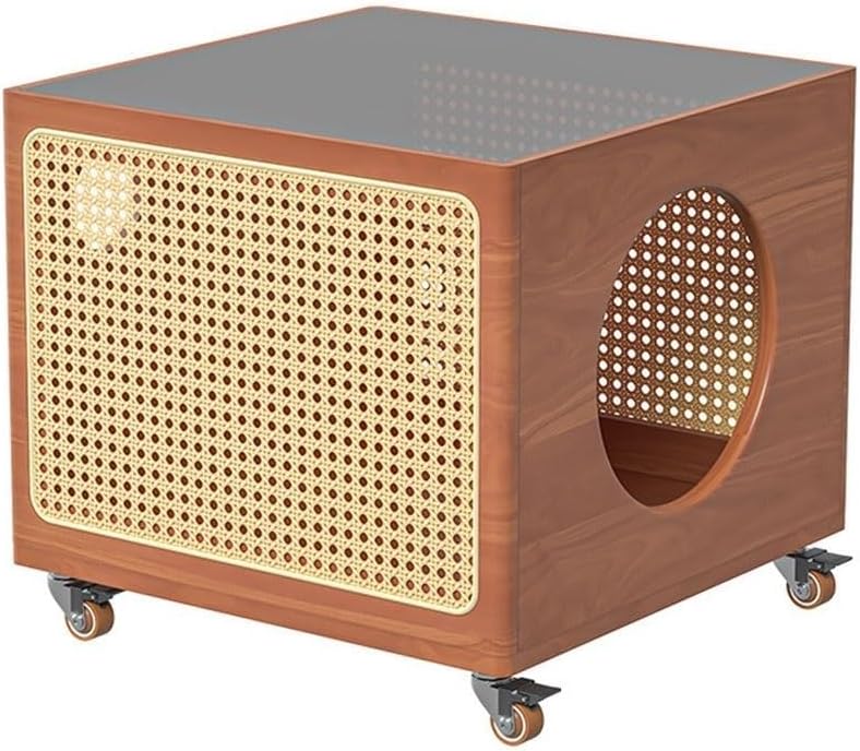 Bedside Table with Cat Condo Movable Side Table Wood and Handcrafted Rattan C...