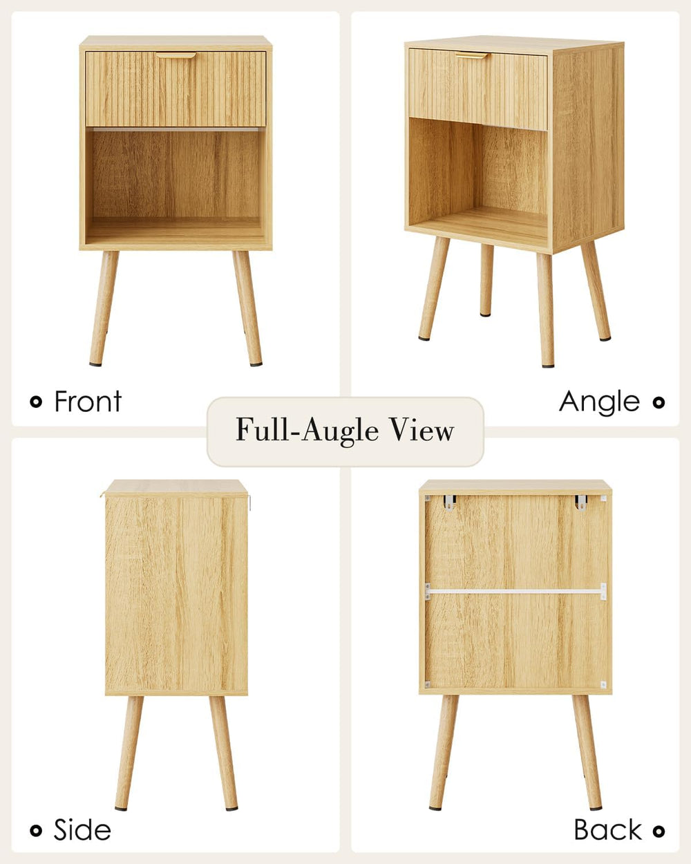 Oak Fluted Nightstand, Modern Bedside Table with Storage Drawer, Wood Night S...