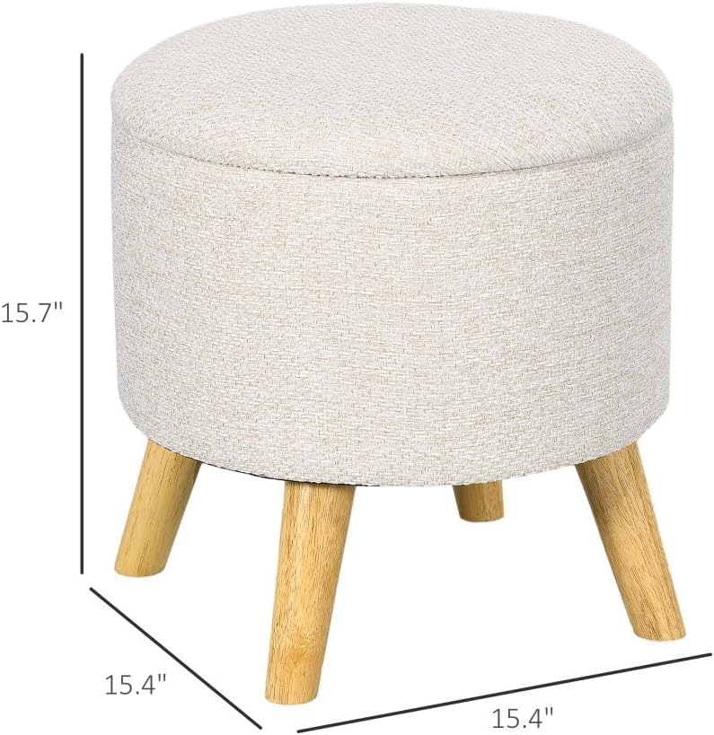 Storage Ottoman, Round Stool Chair with Cushioned Top, Cream White