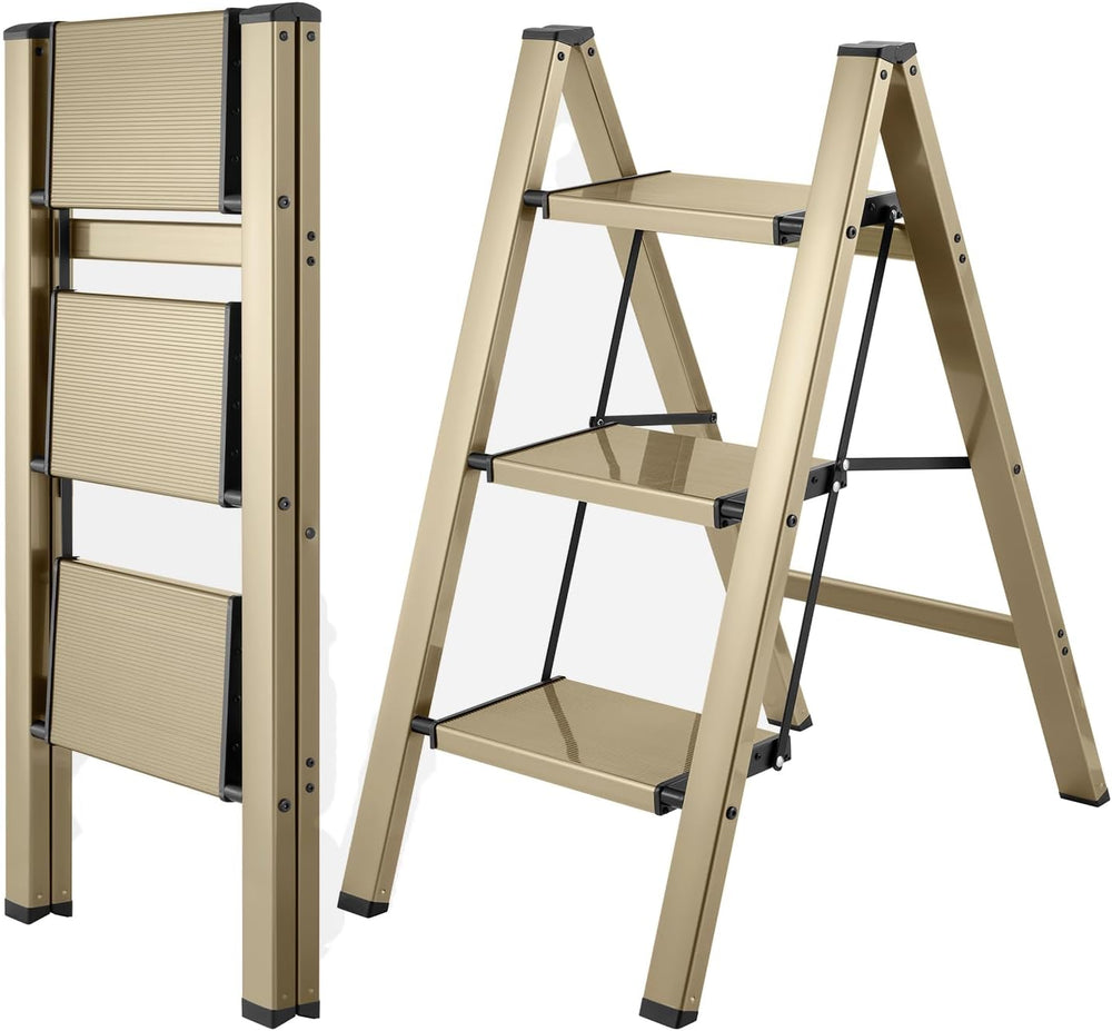 Step Stool Foldable Small Step Ladder (3 Steps, Dark-champagne)
