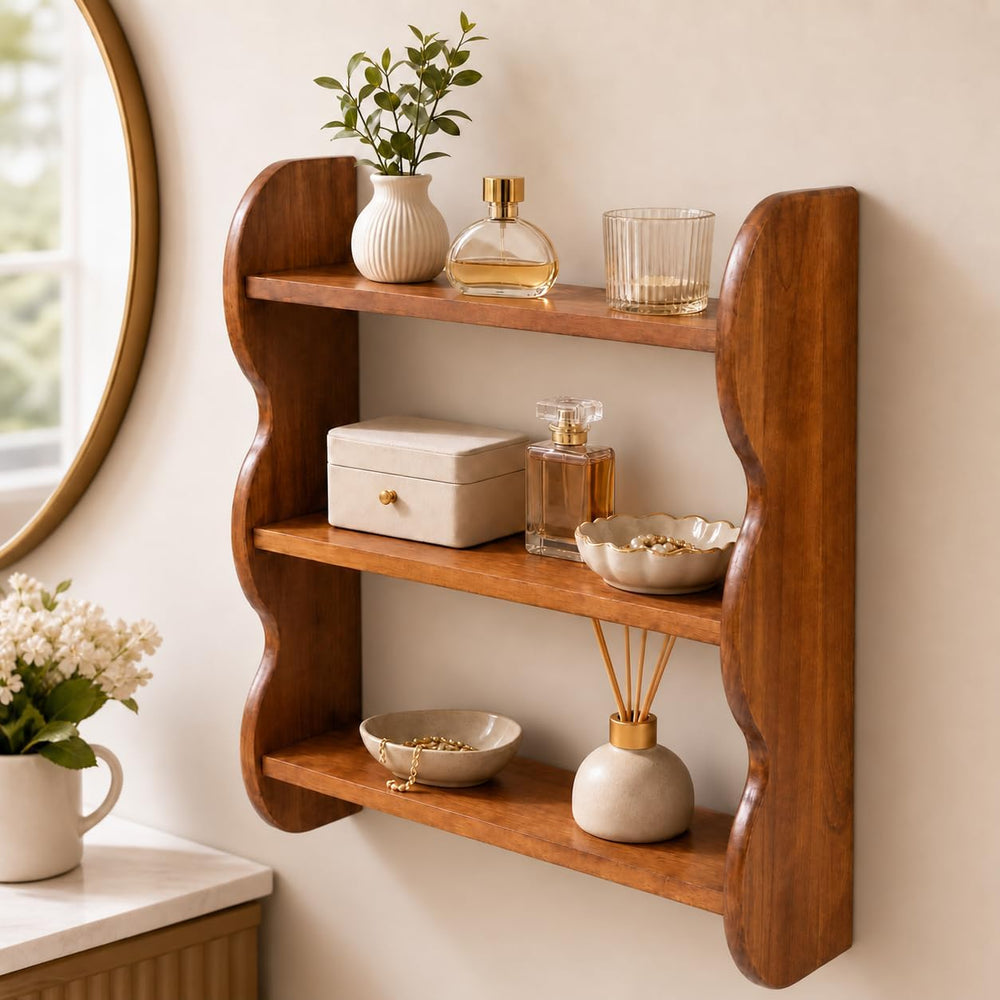 Solid Wood Floating Shelves for Wall, 3 Tier Rustic Vintage Wall Mounted Shel...