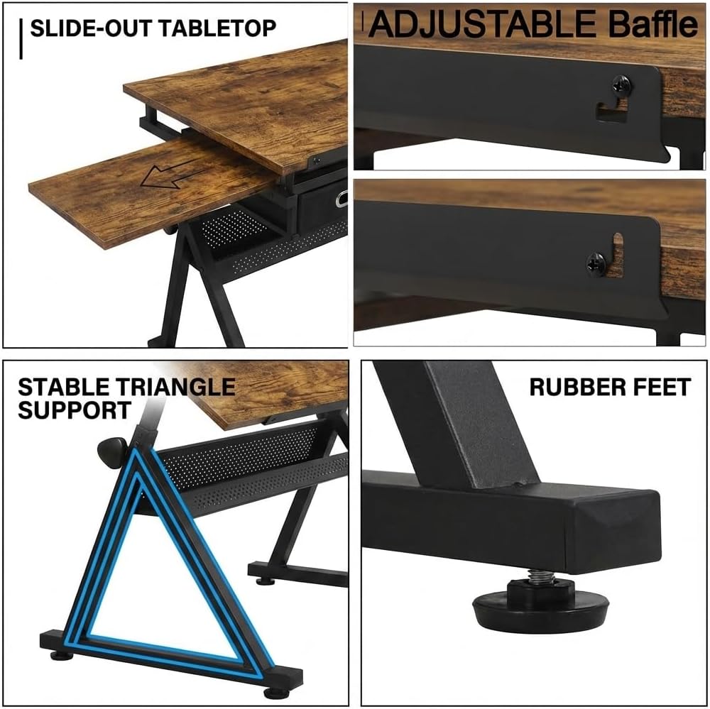 Drafting Table with Storage & Stool: Adjustable Tilting Art Desk, 2 Drawe...