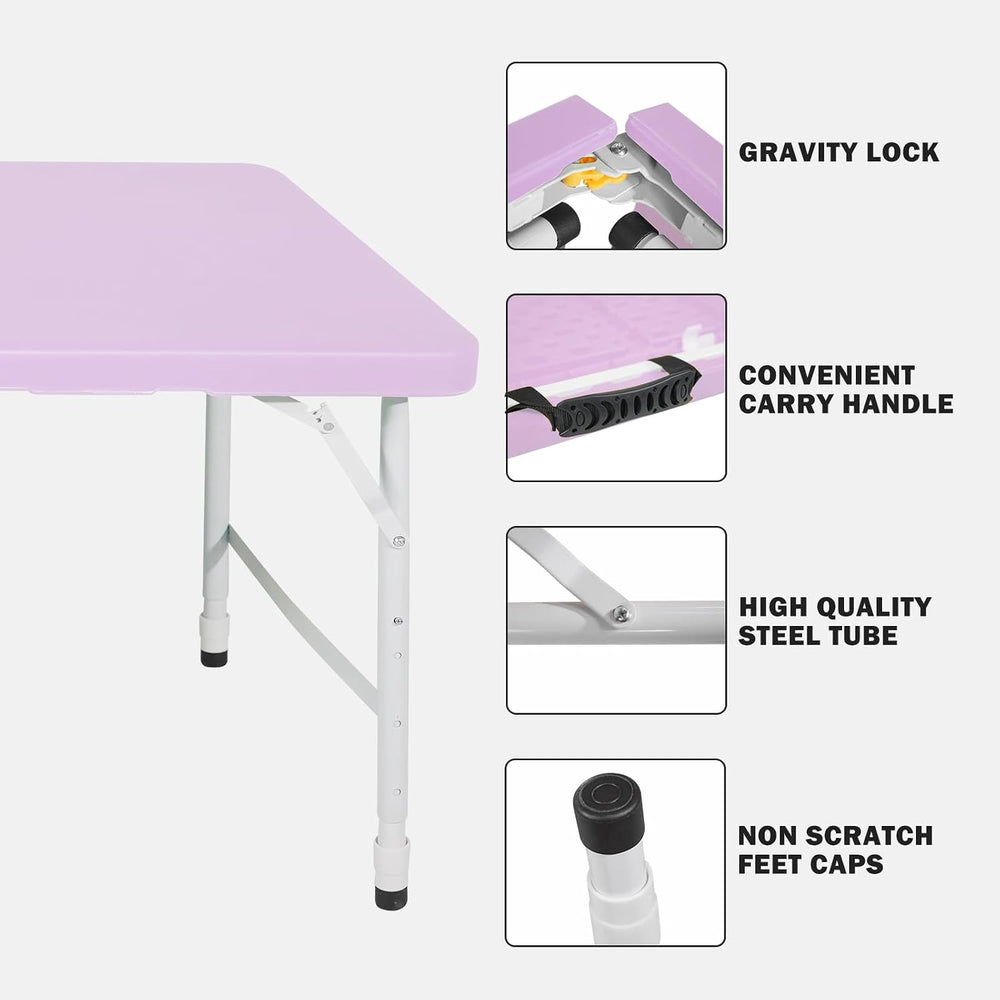 4 FT Folding Table with Carry Handle, Portable Fold-in-Half Plastic Table, Re...