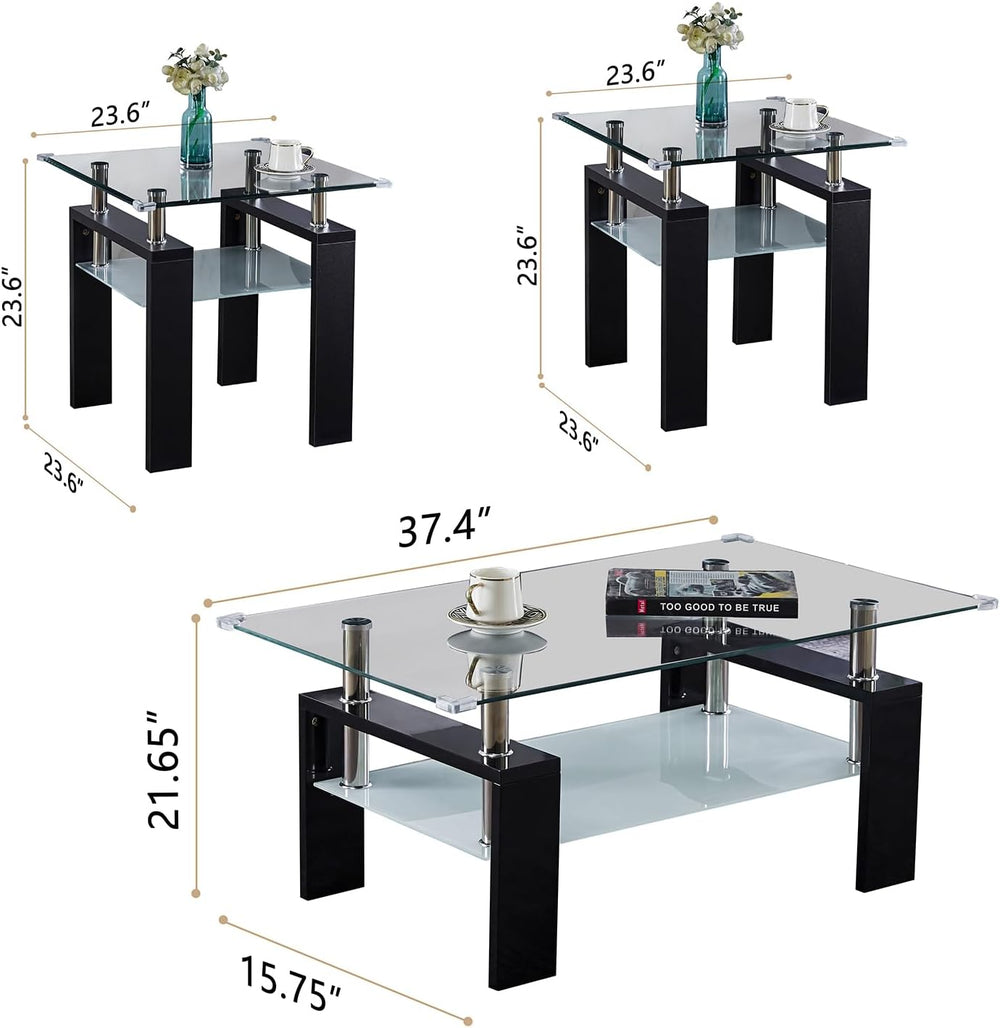 3 Piece Black Living Room Table Set, Rectangular Modern Glass Coffee Table an...